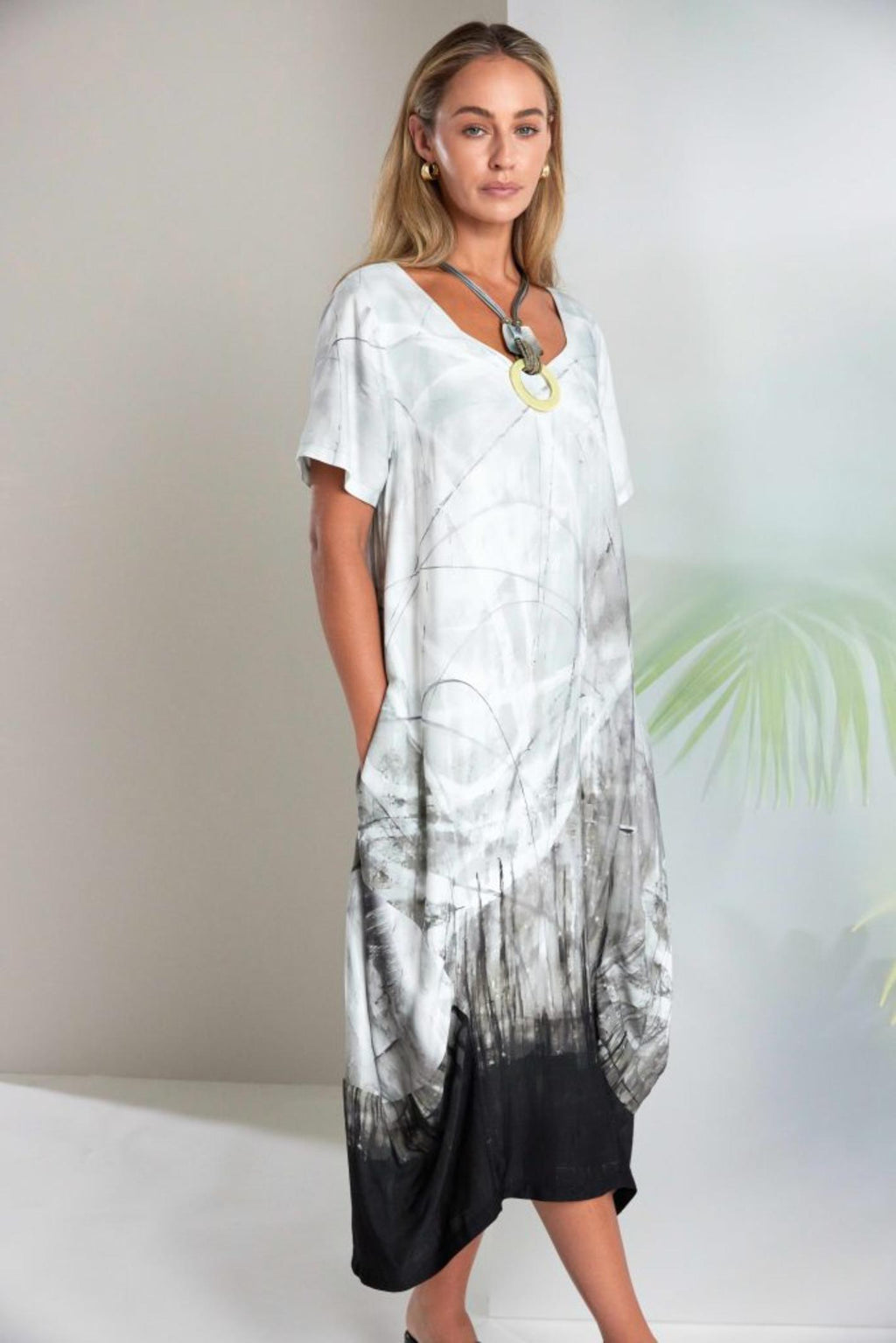 Naya NAS26306 Taupe Round Neck Dress by Naya with border print, shop Naya at Dotique for elegant, artistic style.