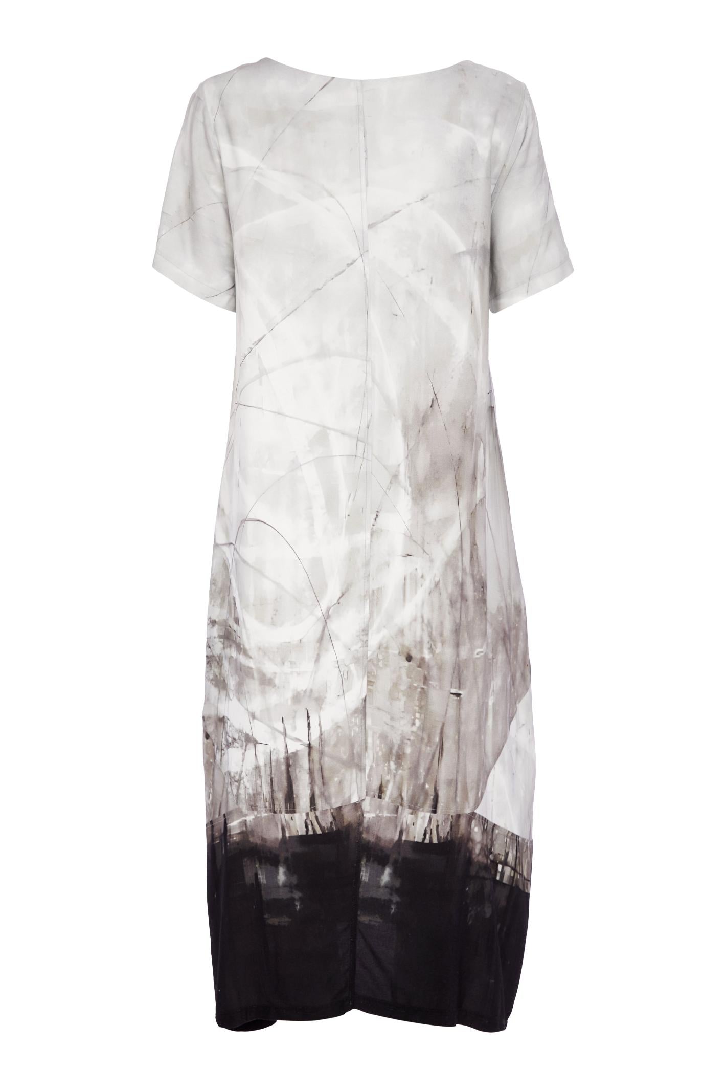 Naya NAS26306 Taupe Round Neck Dress by Naya with artistic print, shop Naya at Dotique for elegant statement pieces