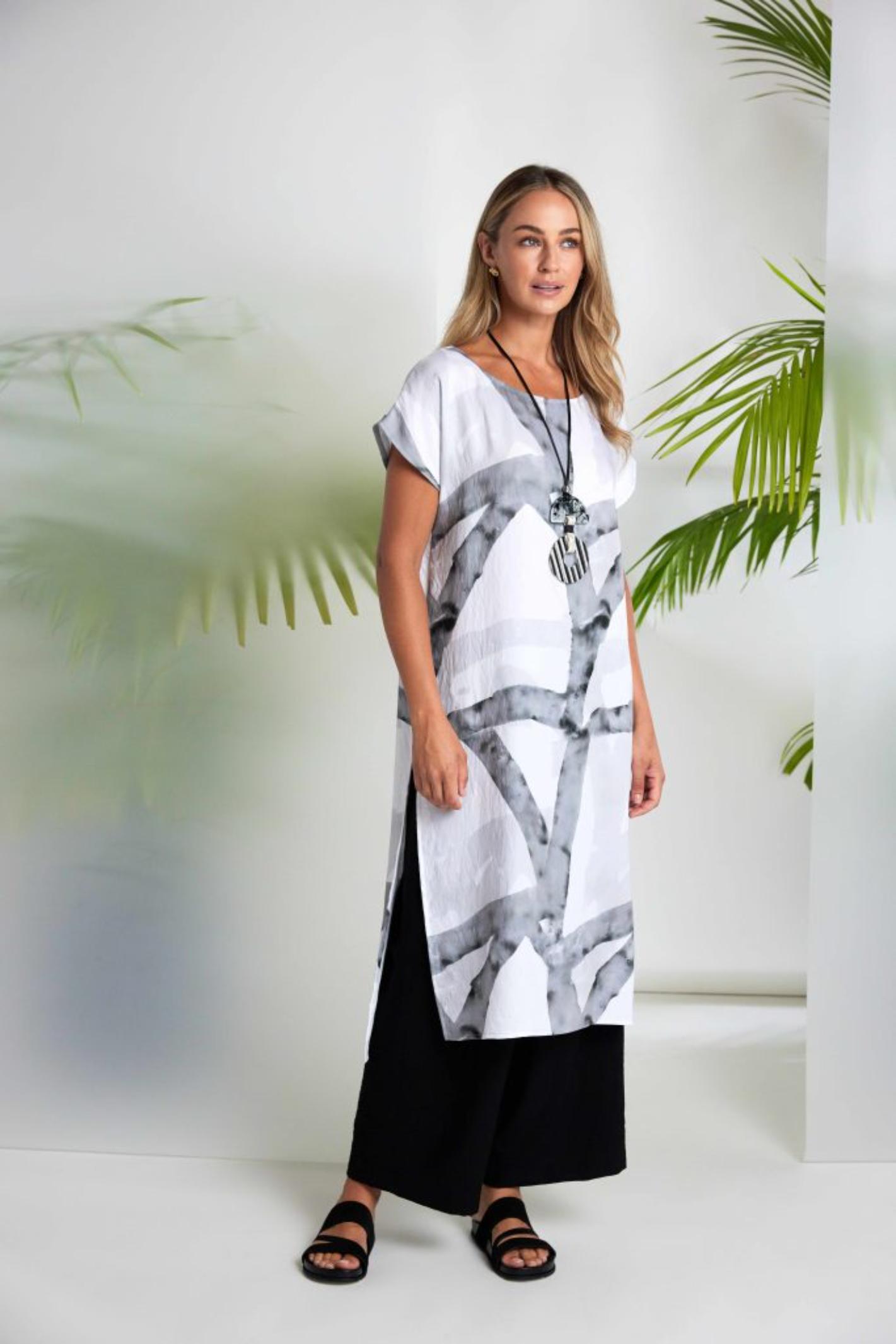 Naya NAS26313 Marbled Ribbon Print Round Neck Dress – White & Grey by Naya modeled, shop Naya at Dotique.