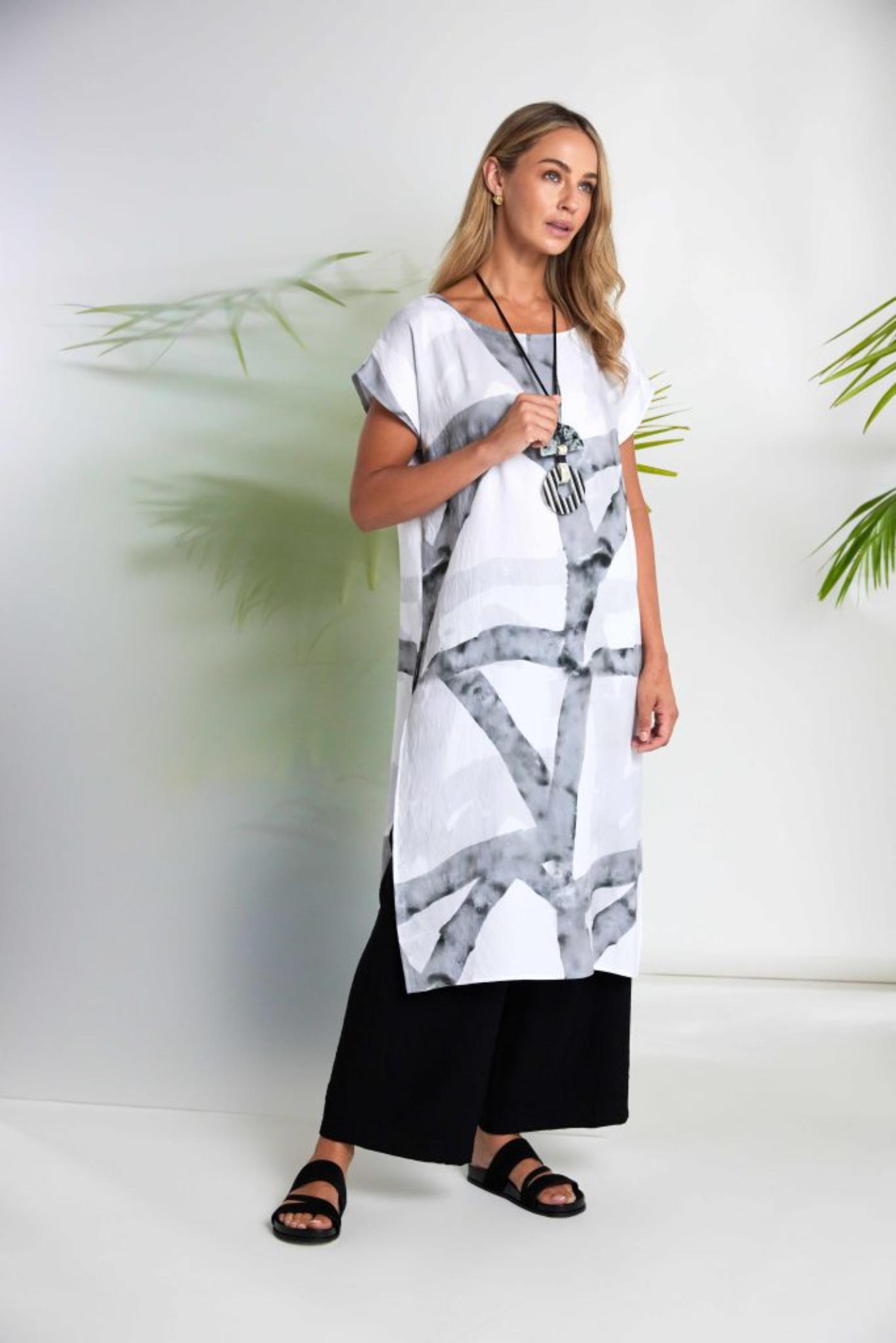 Model wearing Naya NAS26313 Marbled Ribbon Print Round Neck Dress – White & Grey by Naya Shop Naya at Dotique