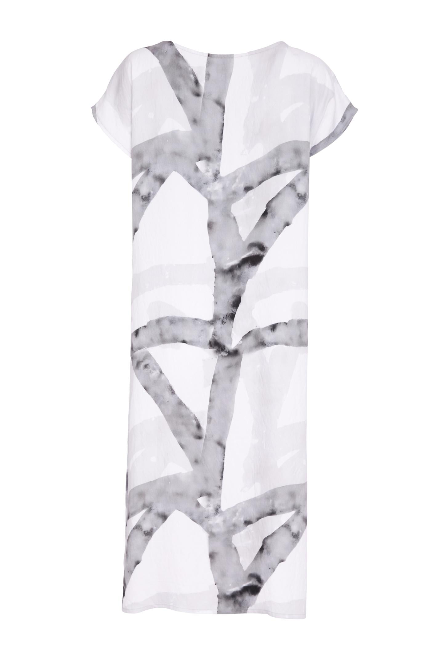 Naya NAS26313 Marbled Ribbon Print Round Neck Dress – White & Grey by Naya available to shop at Dotique online