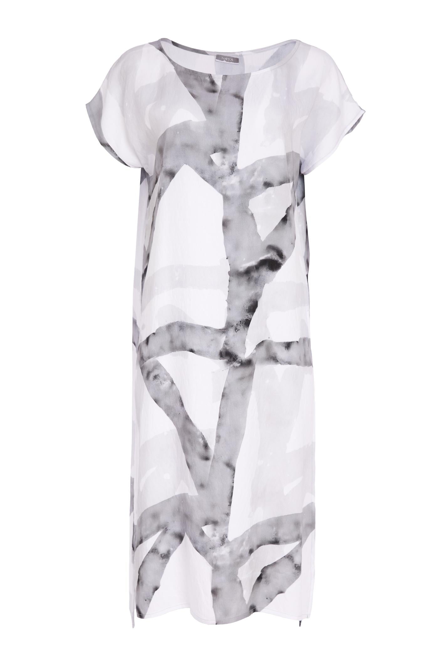 Naya NAS26313 Marbled Ribbon Print Round Neck Dress – White & Grey by Naya Shop Naya at Dotique for elegant long line dress designs