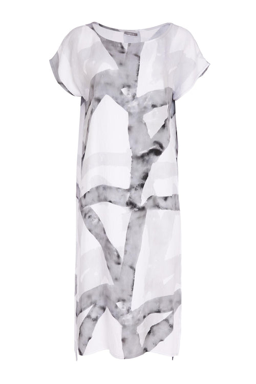 Naya NAS26313 Marbled Ribbon Print Round Neck Dress – White & Grey by Naya Shop Naya at Dotique for elegant long line dress designs