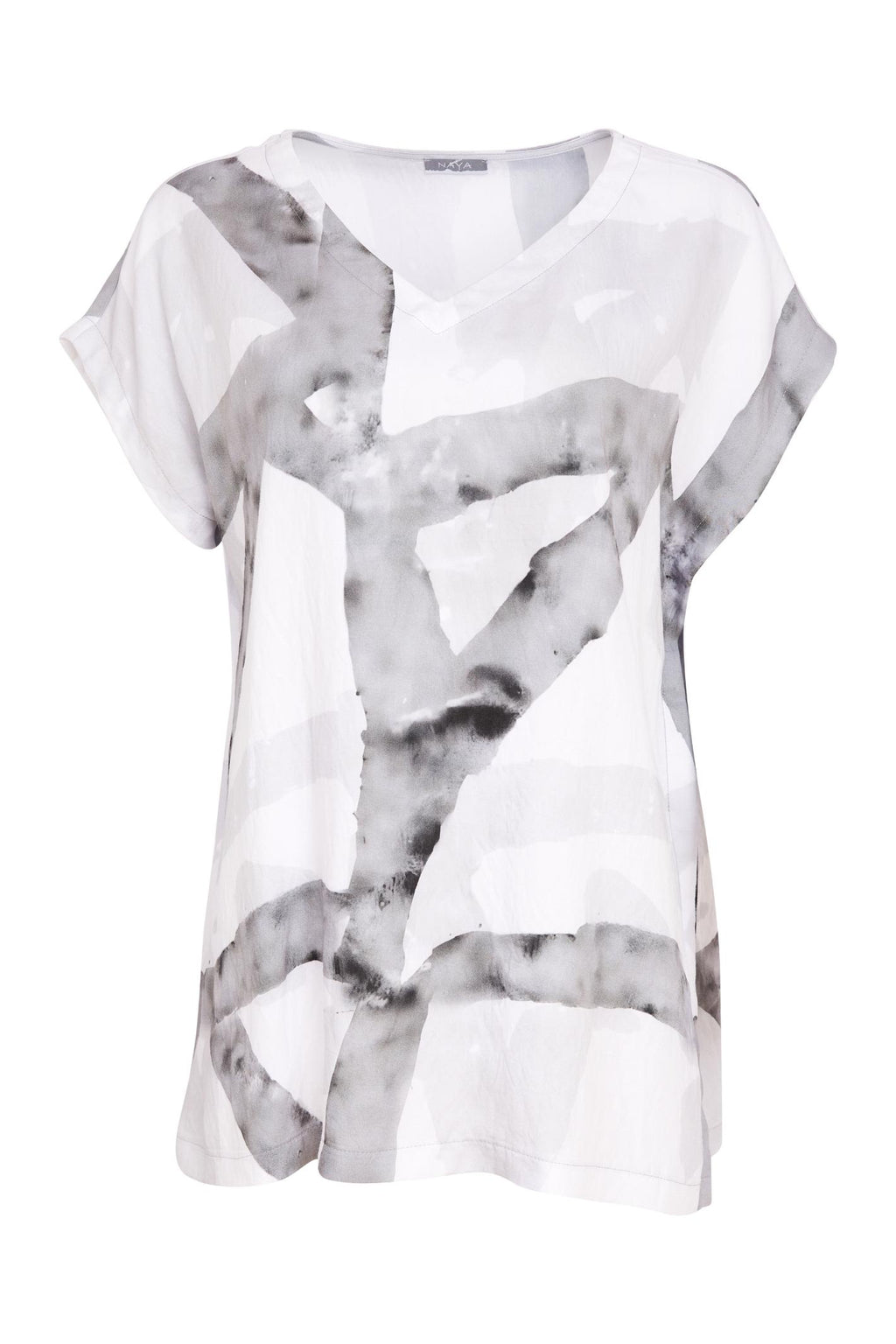 Naya NAS26314 Marbled Ribbon Print V-Neck Top – White & Grey by Naya, shop Naya at Dotique for stylish everyday wear