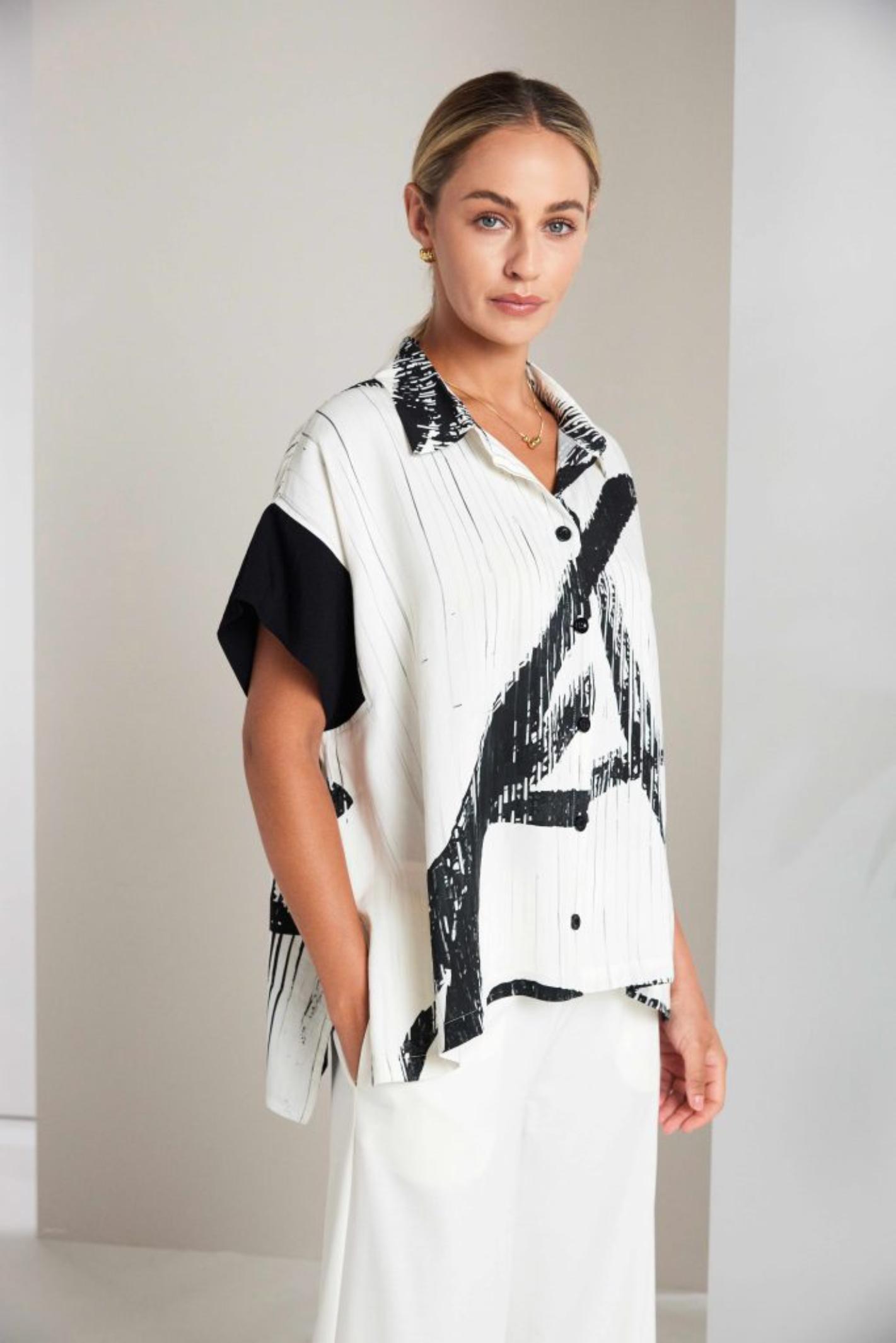Naya NAS26318 Brush Stroke Print Blouse with Contrast Cuff – Cream & Black by Naya Shop the Naya collection at Dotique