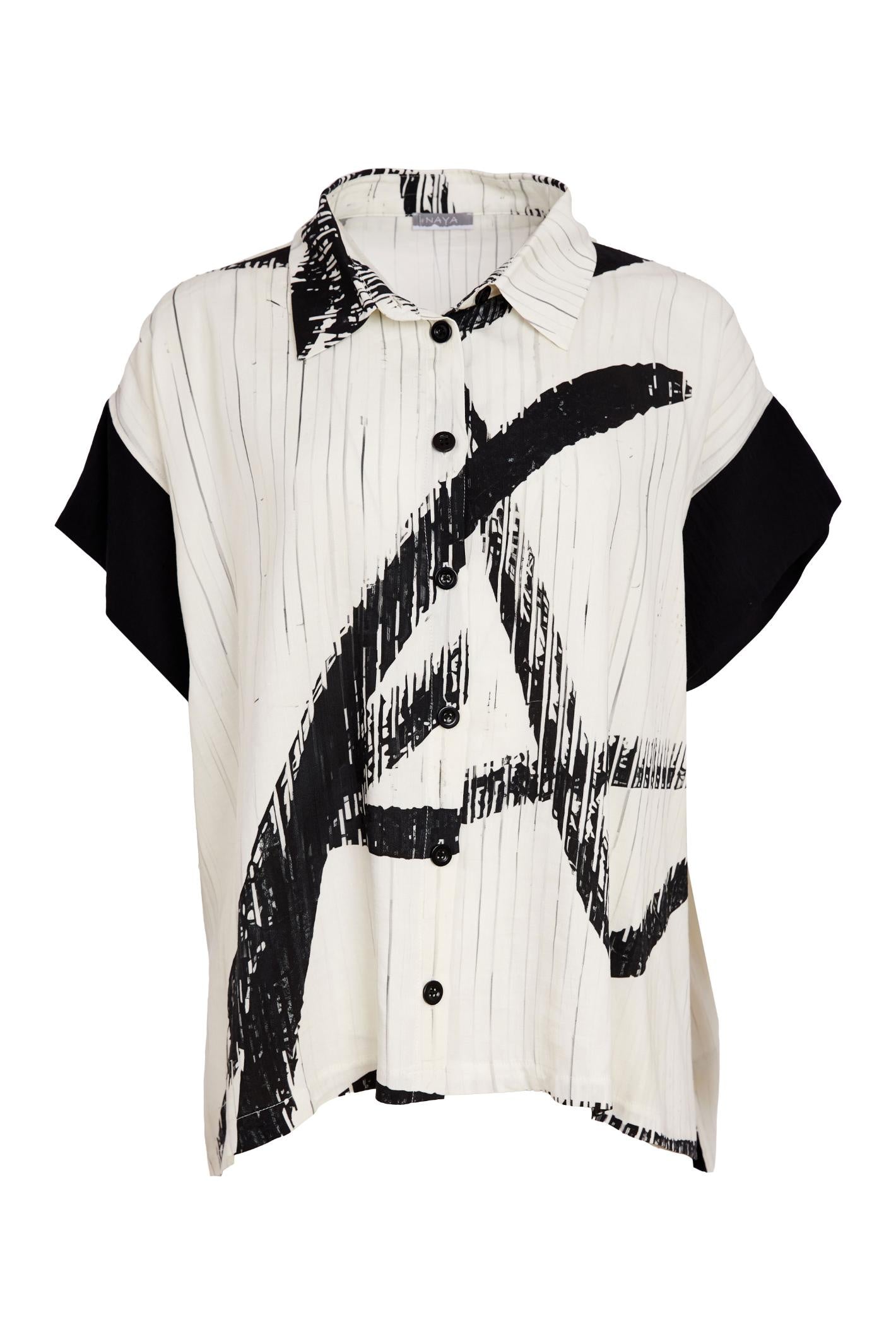 Naya NAS26318 Brush Stroke Print Blouse with Contrast Cuff – Cream & Black by Naya Shop the Naya collection at Dotique.