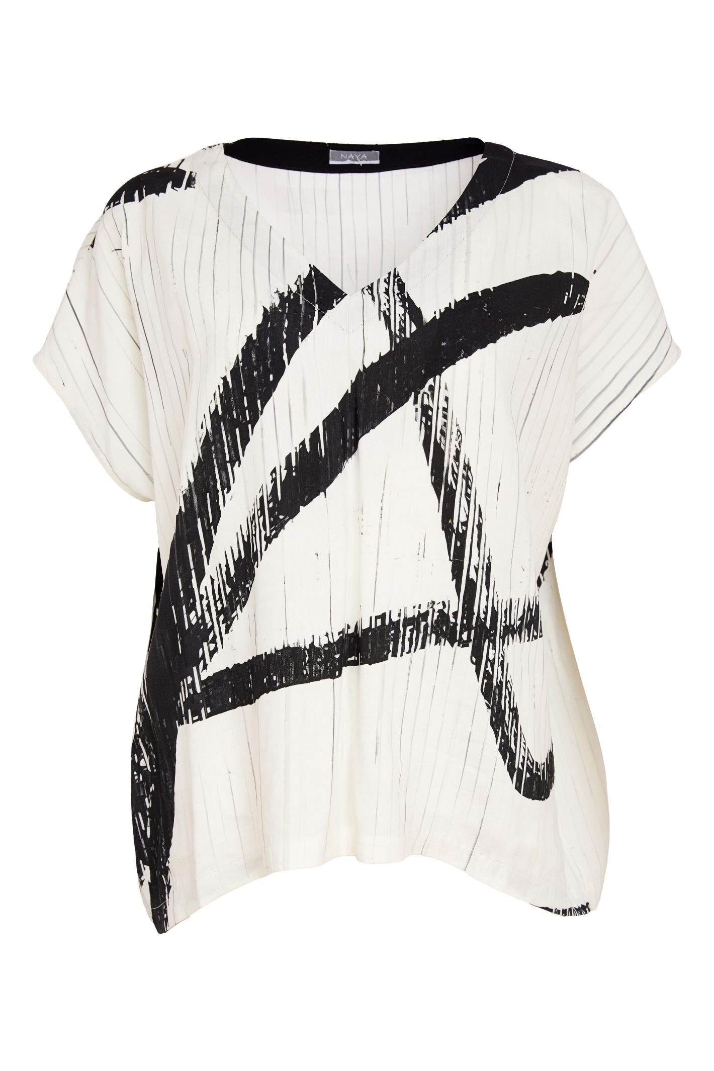 Naya NAS26319 Cream Black Brush Stroke V-Neck Top by Naya, shop stylish Naya tops at Dotique online store.