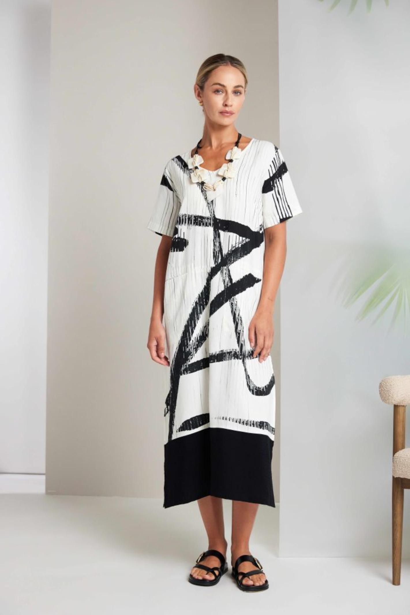 Naya NAS26320 Cream Black Brush Stroke Dress by Naya, shop the Naya collection at Dotique for bold artistic style