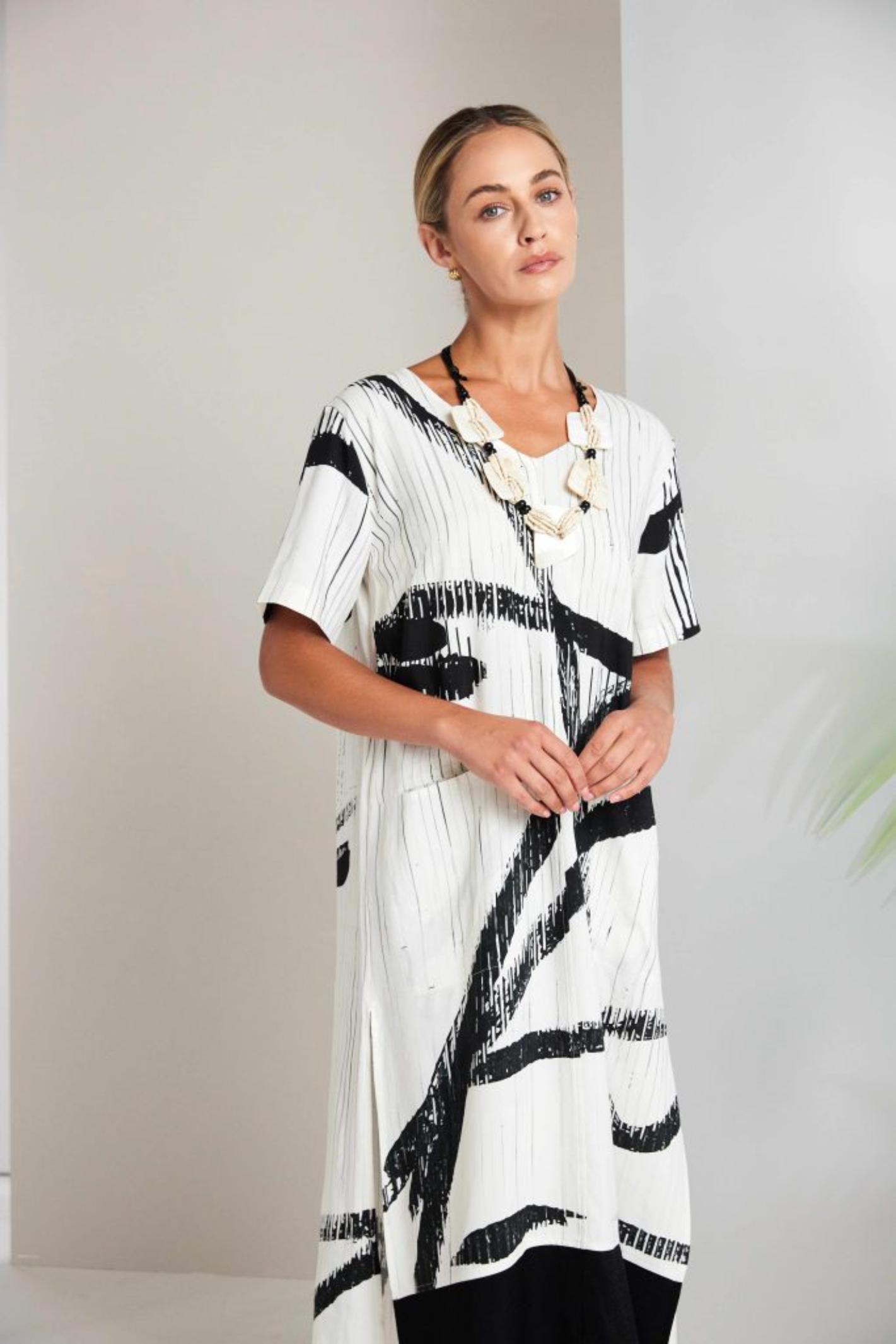 Naya NAS26320 Cream Black Brush Stroke Dress by Naya model wearing bold print dress shop Naya at Dotique