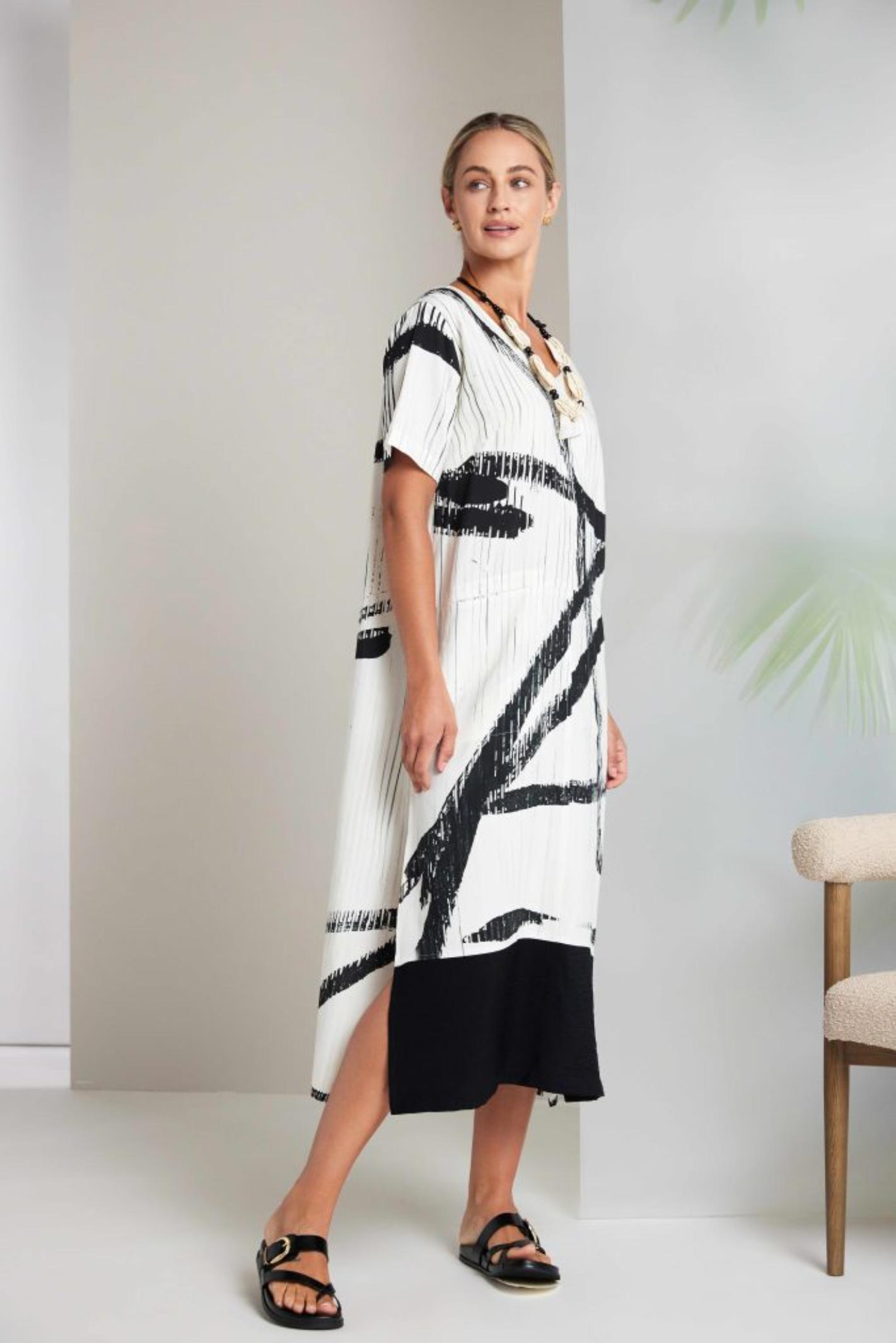 Naya NAS26320 Cream Black Brush Stroke Dress by Naya worn by model, shop Naya at Dotique for stylish designer dresses