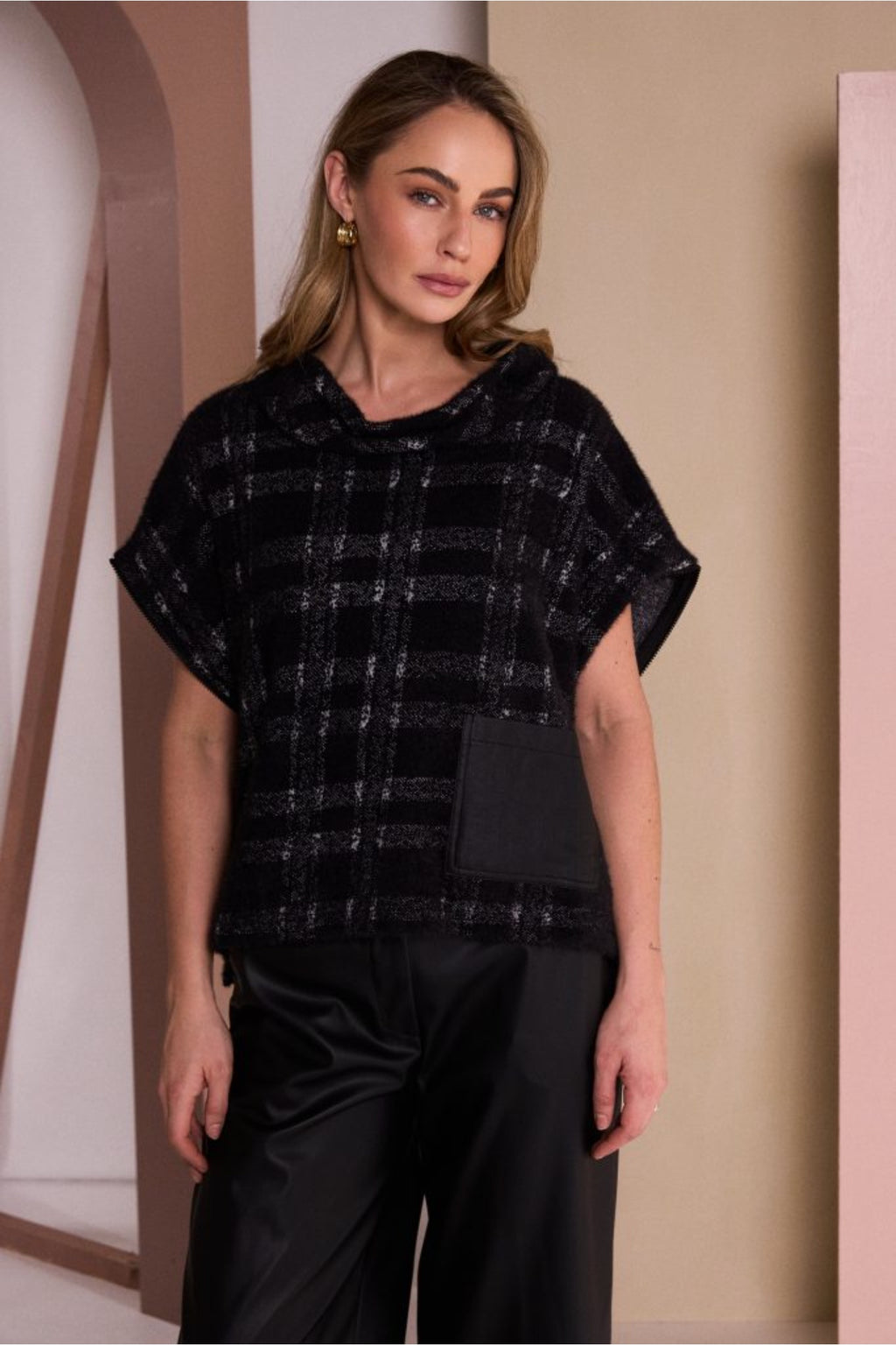 Naya NAW26230 Black/Grey Check Knit Top With Leatherette Pocket And Zip Detail