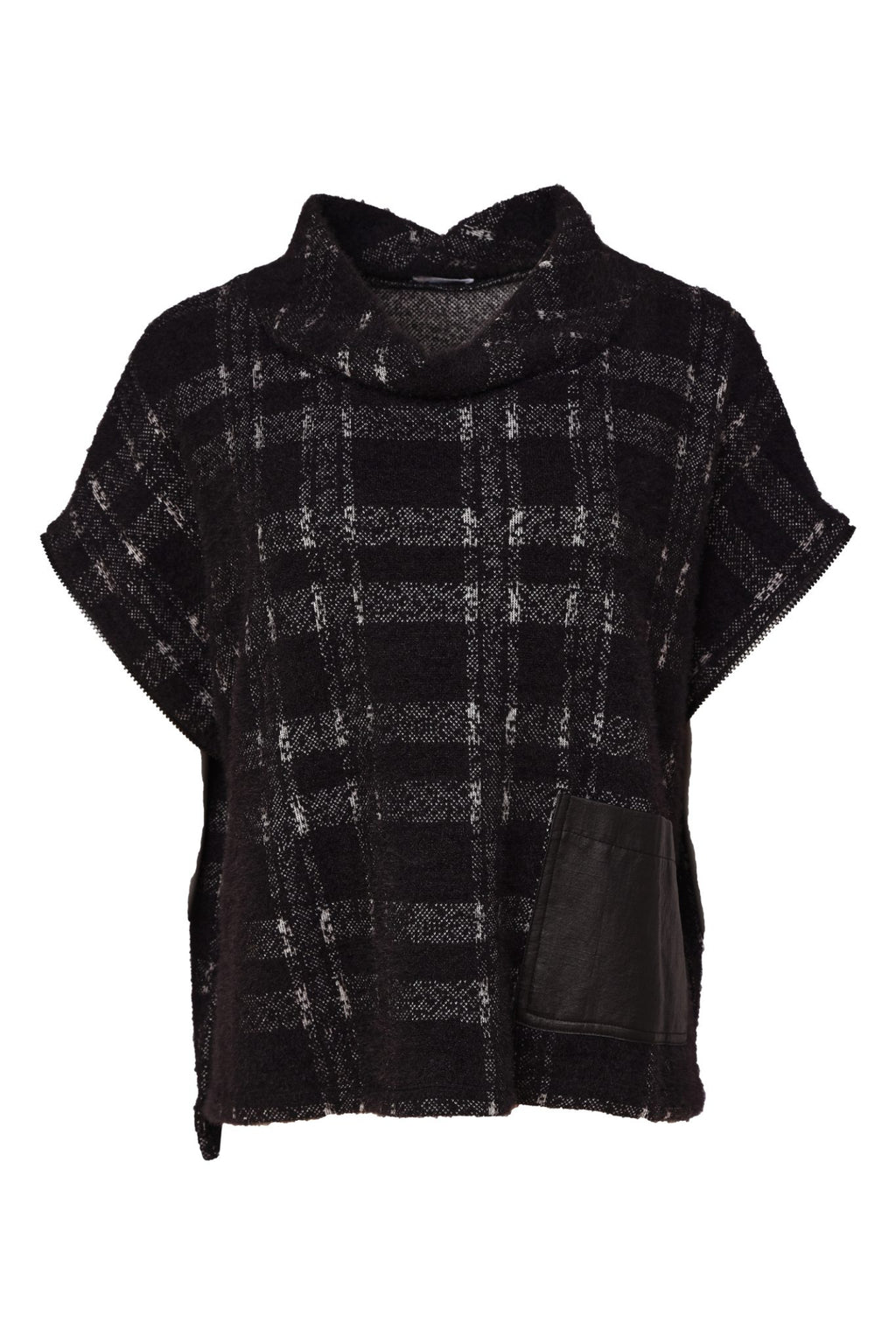 Naya NAW26230 Black/Grey Check Knit Top With Leatherette Pocket And Zip Detail