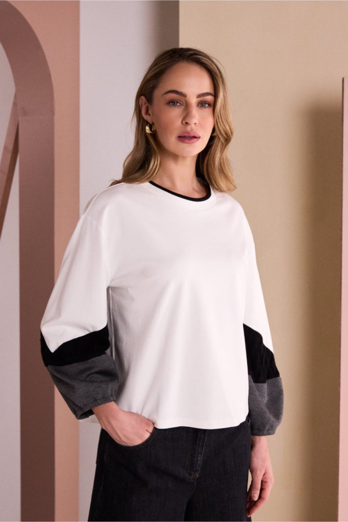 Naya NAW26313 Off White /Black Round Neck Soft Top With Colour Band Sleeve