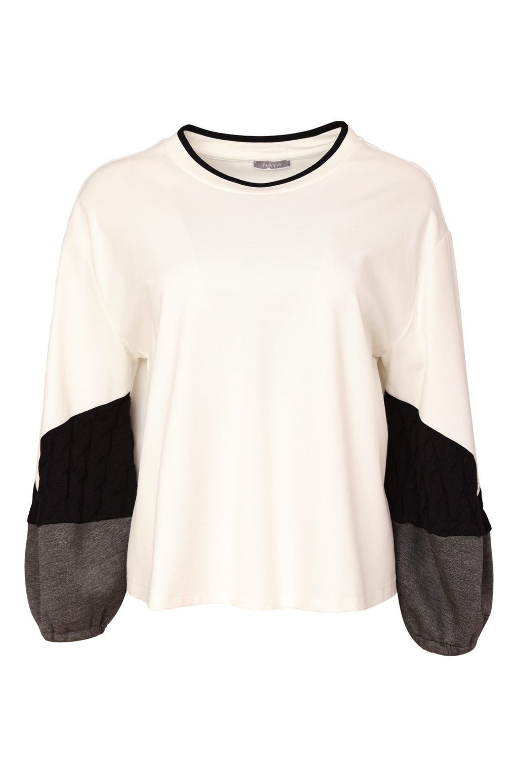 Naya NAW26313 Off White /Black Round Neck Soft Top With Colour Band Sleeve