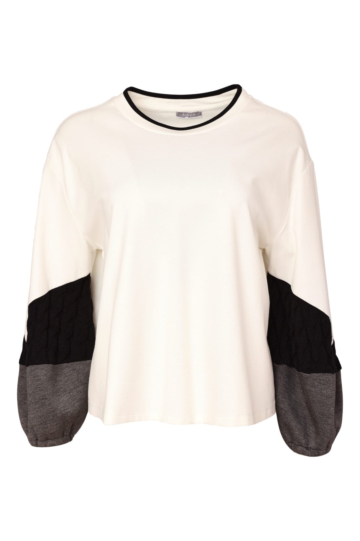 Naya NAW26313 Off White /Black Round Neck Soft Top With Colour Band Sleeve
