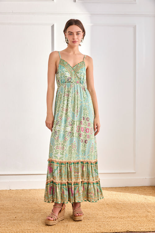 Model wearing NKN Nekane Jomi  Aqua Long Viscose Dress with Botanical Print by nkn nekane, shop nkn nekane at Dotique