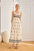 Model in NKN Nekane Urani Ivory Long Linen Dress with Embroidery and Square Neckline, shop nkn nekane at Dotique