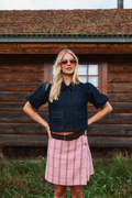 Model wearing Numph 707020 NUALETTA SS Shirt – Dark Blue Denim with puffed short sleeves and front pockets by Numph. Shop Numph at Dotique.