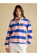 Model wearing Joules Lara Pink/Blue Stripe Top. Shop Joules at Dotique