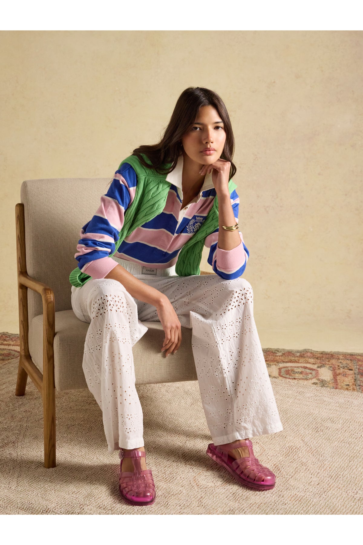 Model wearing Joules Lara Pink/Blue Stripe Top by Joules. Shop Joules at Dotique