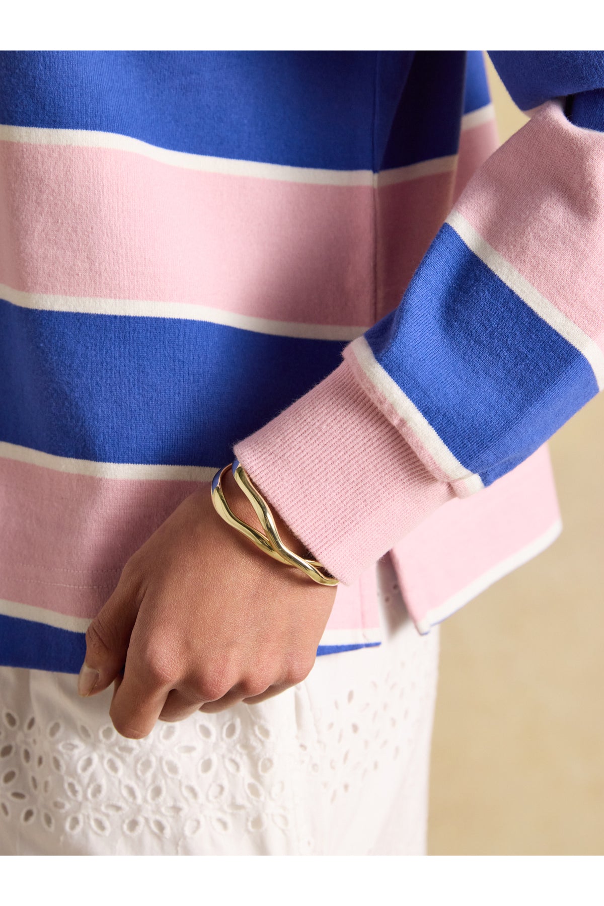 Joules Lara Pink/Blue Stripe Top sleeve and bracelet detail. Shop Joules at Dotique