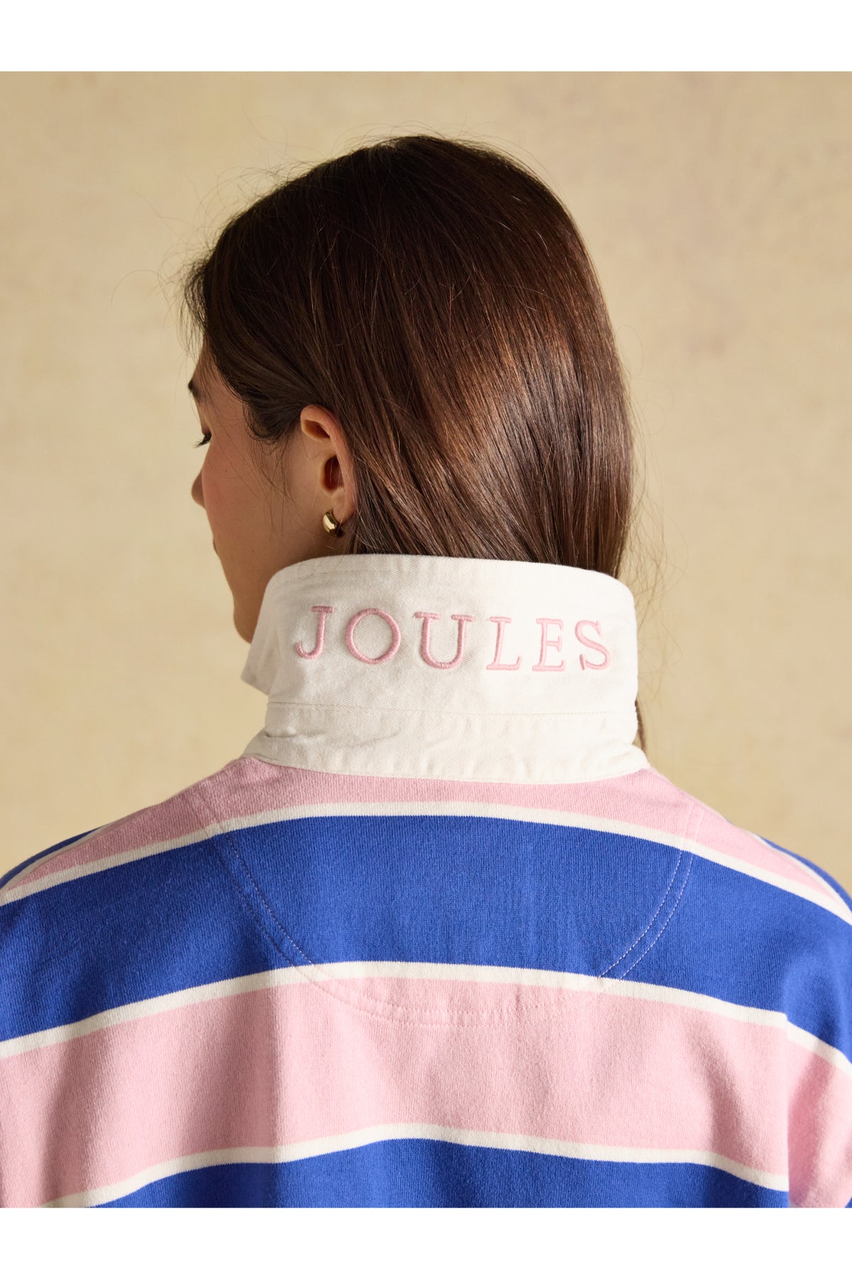 Joules Lara Pink/Blue Stripe Top back collar detail on model. Shop Joules at Dotique