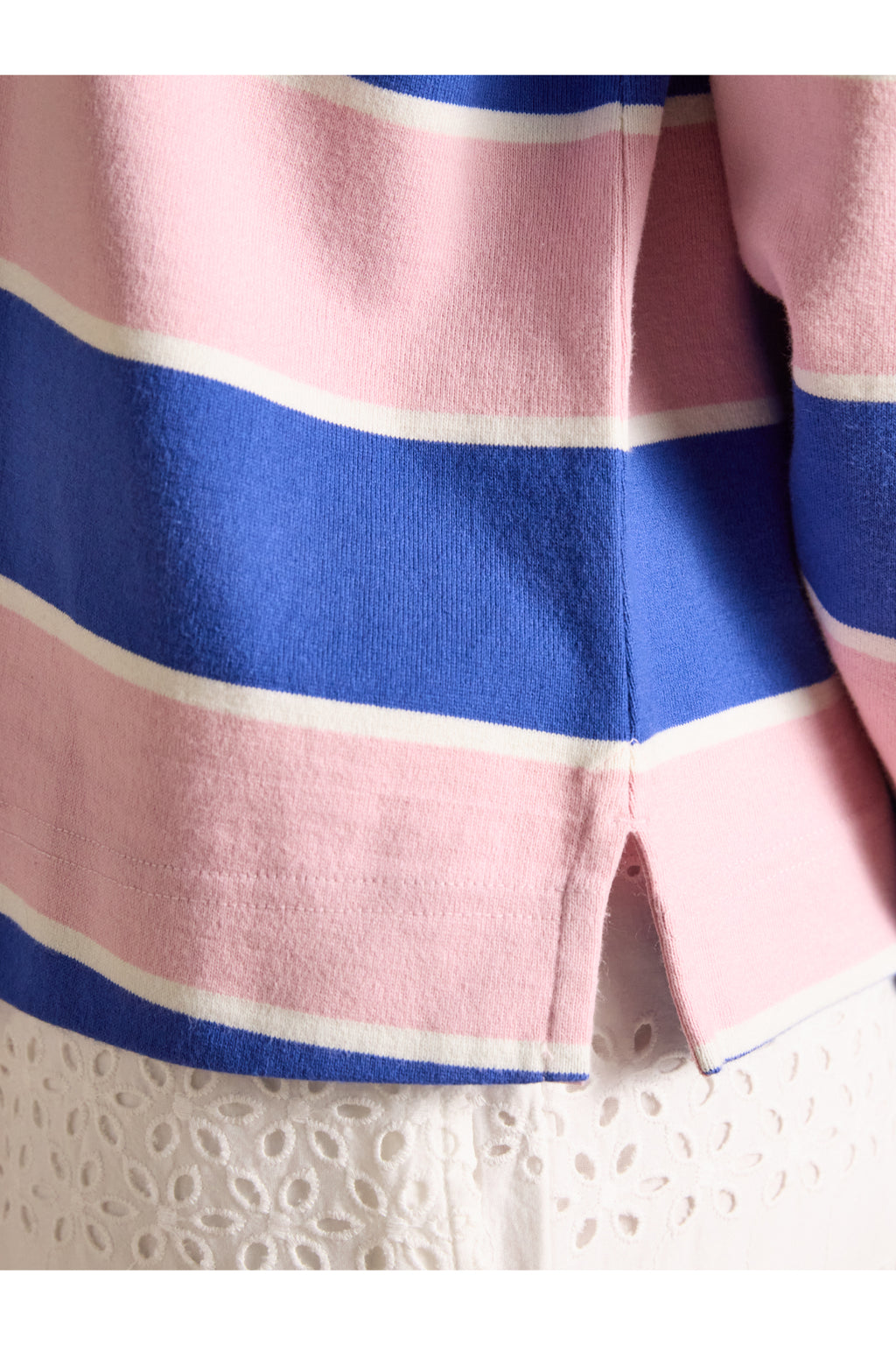 Joules Lara Pink/Blue Stripe Top pink and blue stripe hem detail. Joules. Shop Joules at Dotique