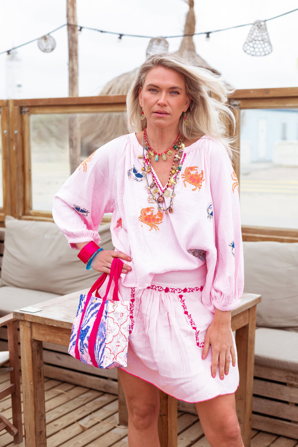 Model wearing Place Du Soleil Rosa Mixed Colour Crab Embroidered Blouse S26-451 by Place du Soleil, shop Place du Soleil at Dotique