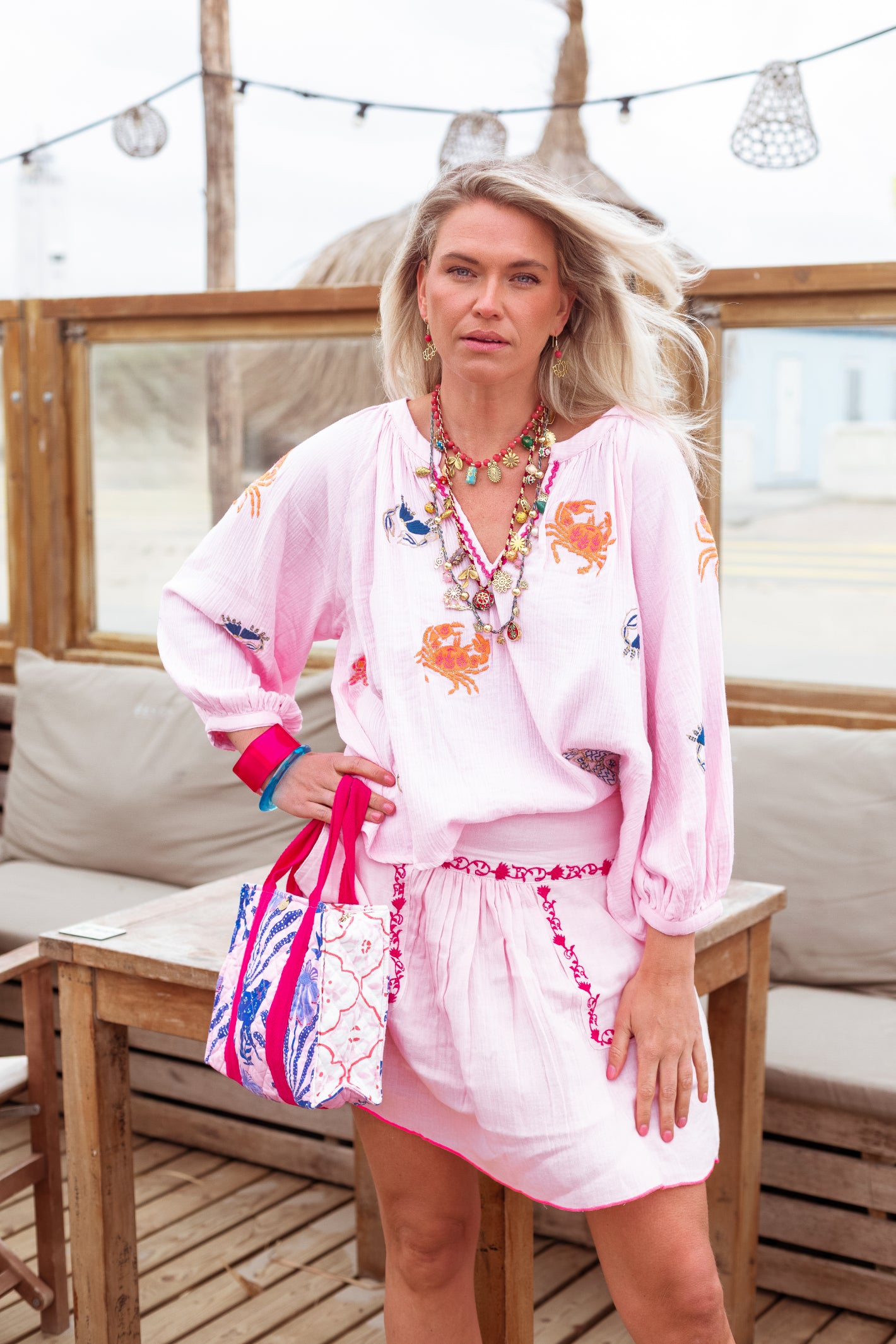Model wearing Place Du Soleil Rosa Mixed Colour Crab Embroidered Blouse S26-451 by Place du Soleil, shop Place du Soleil at Dotique