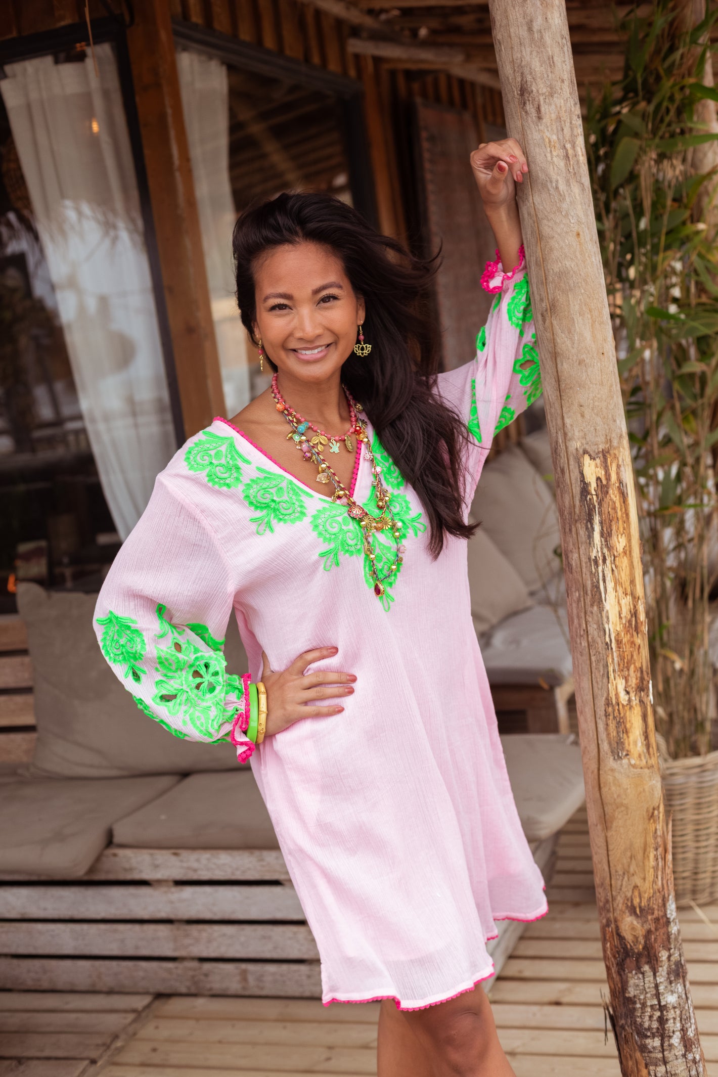Place Du Soleil Rosa Green Printed Dress S26-308 by Place du Soleil, shop Place du Soleil at Dotique for vibrant summer elegance