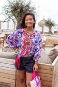 Model wearing Place Du Soleil Blue Tiger Embroidered Blouse S26-334 by Place du Soleil shop Dotique beach style outfit