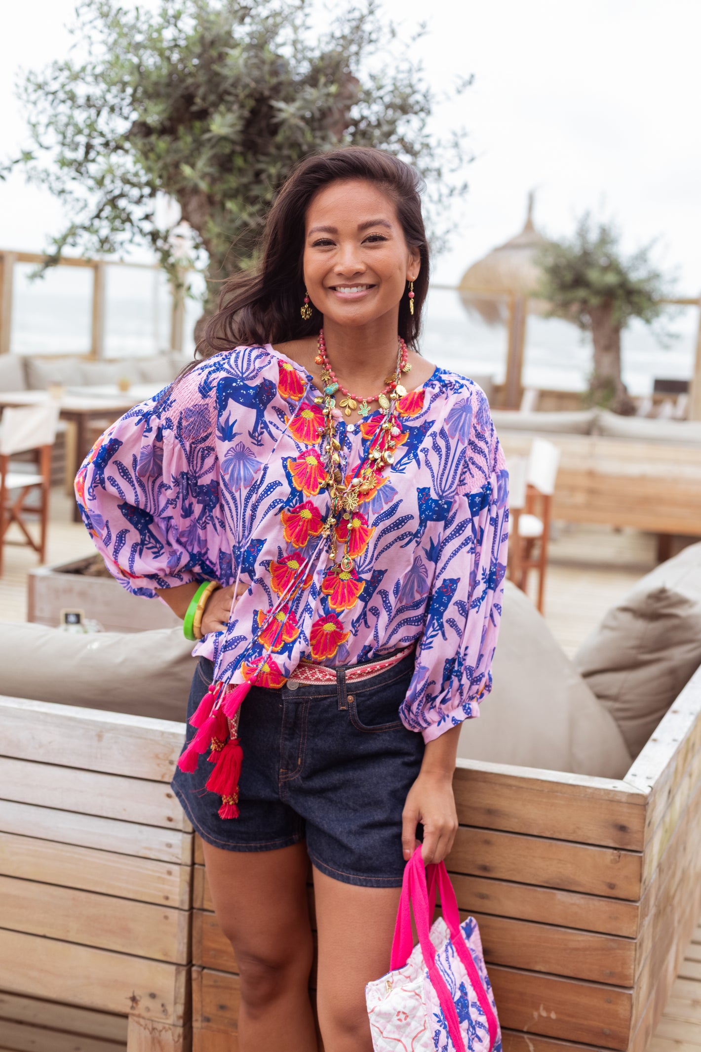 Model wearing Place Du Soleil Blue Tiger Embroidered Blouse S26-334 by Place du Soleil shop Dotique beach style outfit