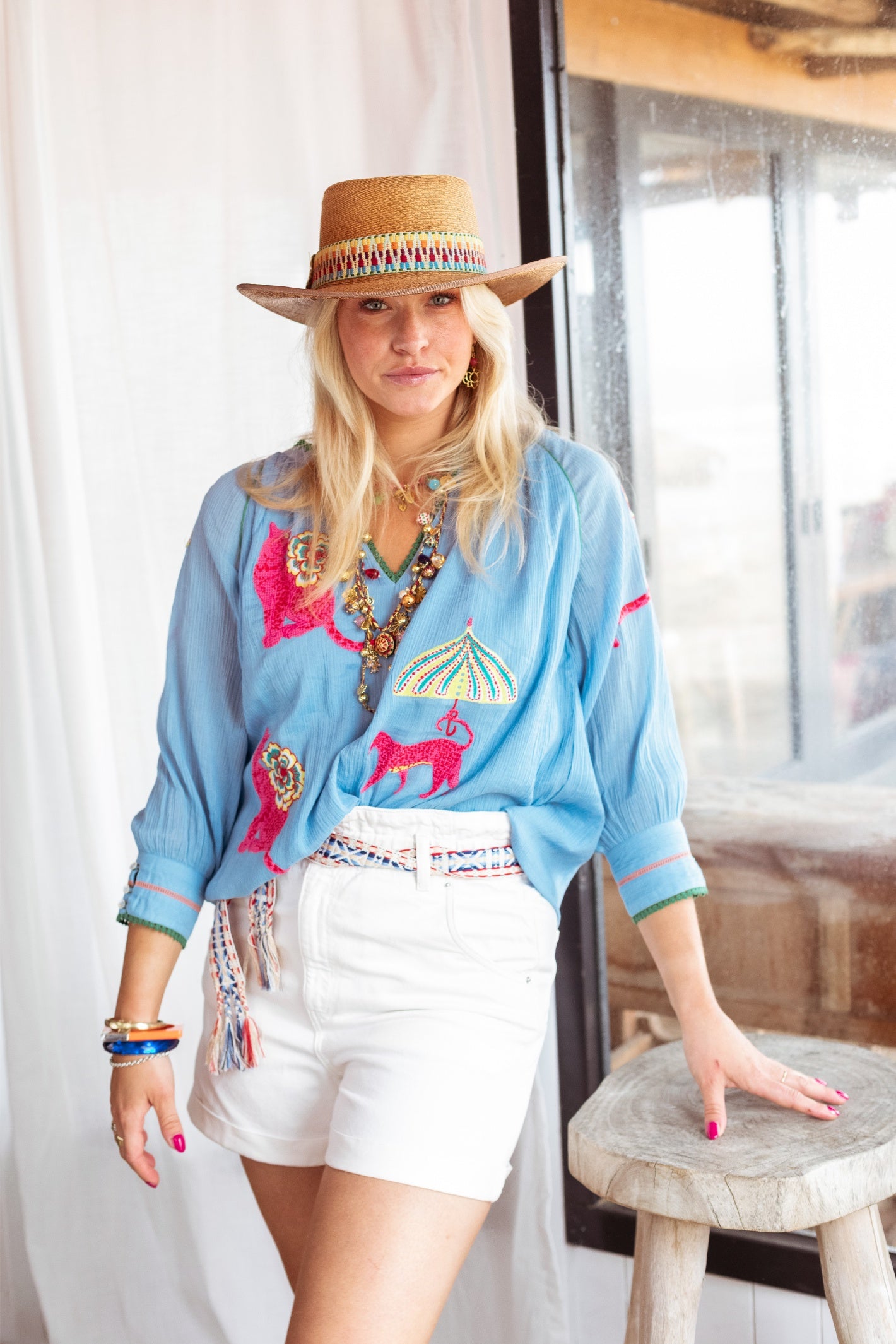 Model wearing Place Du Soleil Tiger Flower Print Blouse S26-311 by Place du Soleil, shop Place du Soleil at Dotique