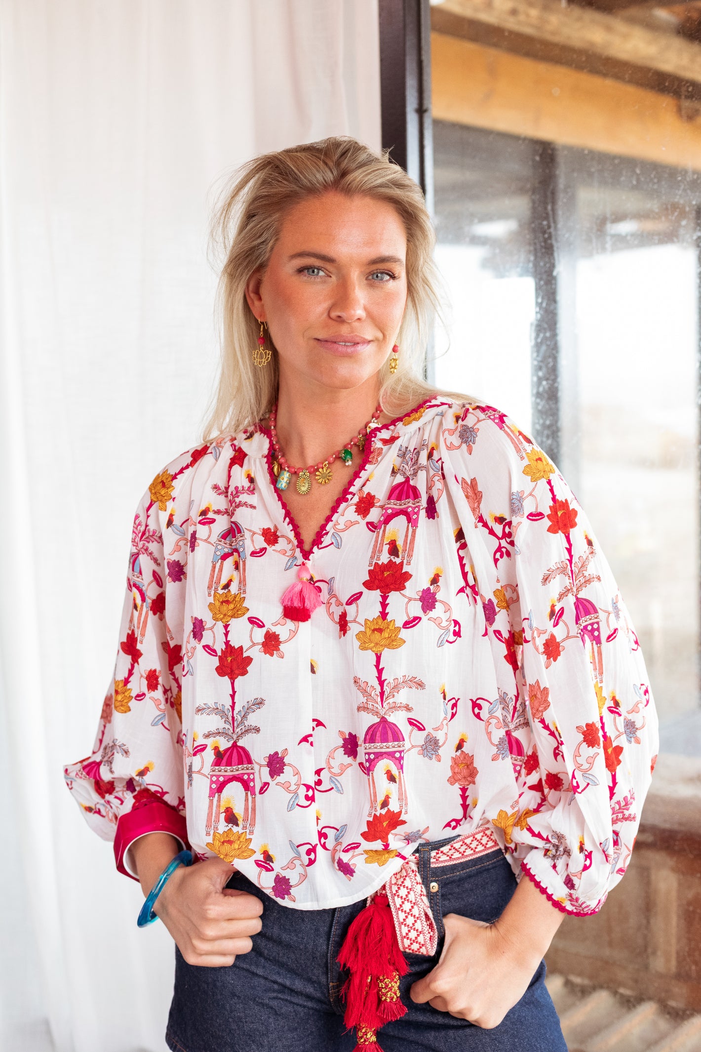 Model wearing Place Du Soleil Birdhouse Print Blouse Long Sleeves S26-445 by Place du Soleil shop Dotique