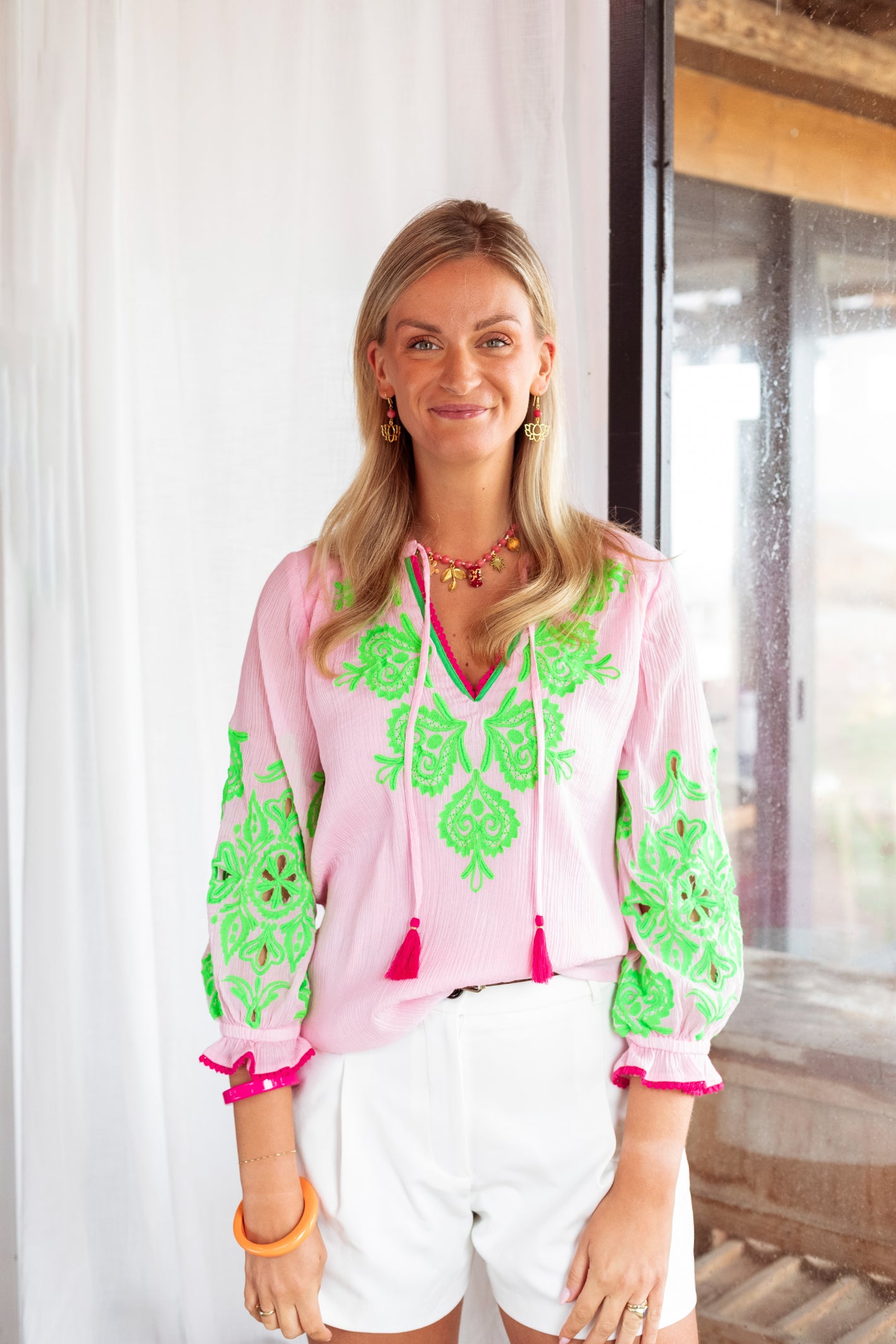 Model wearing Place Du Soleil Rosa Green Printed Blouse S26-309 by Place du Soleil, shop Place du Soleil at Dotique for bright summer style