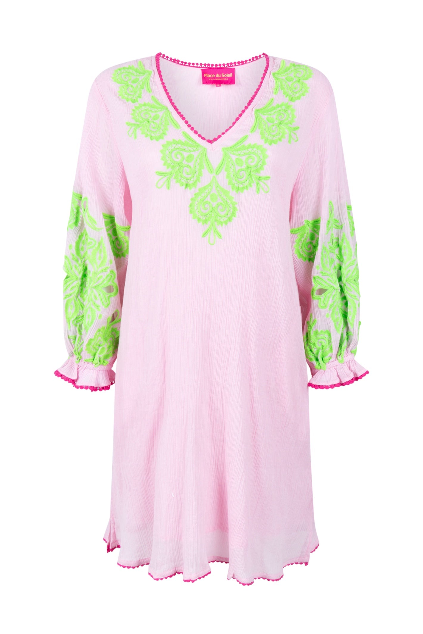 Place Du Soleil Rosa Green Printed Dress S26-308 by Place du Soleil in pink with green embroidery, shop Place du Soleil at Dotique