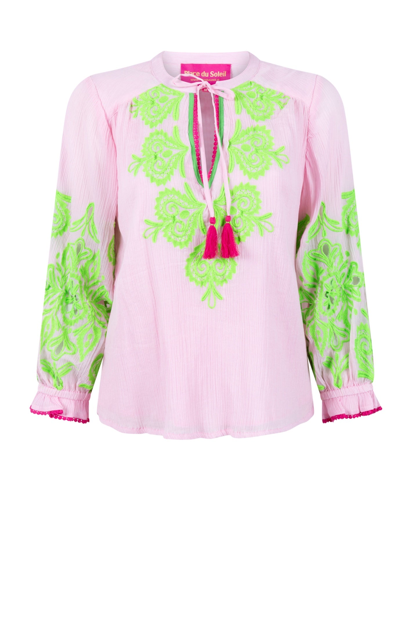 Place Du Soleil Rosa Green Printed Blouse S26-309 by Place du Soleil with vibrant embroidery, shop Place du Soleil at Dotique