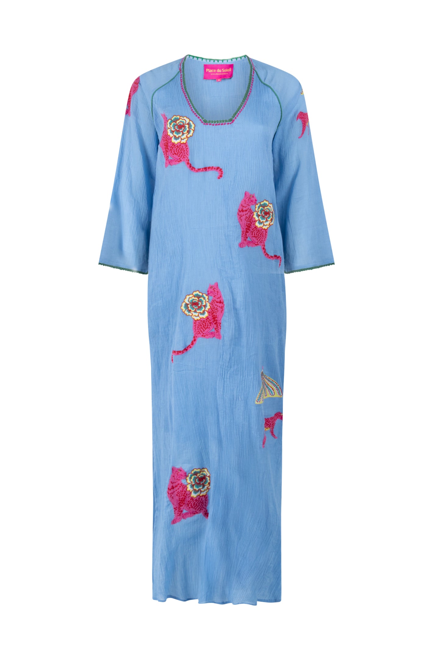 Place Du Soleil Tiger Flower Print Long Dress S26-310 by Place du Soleil in blue with floral embroidery, shop Place du Soleil at Dotique