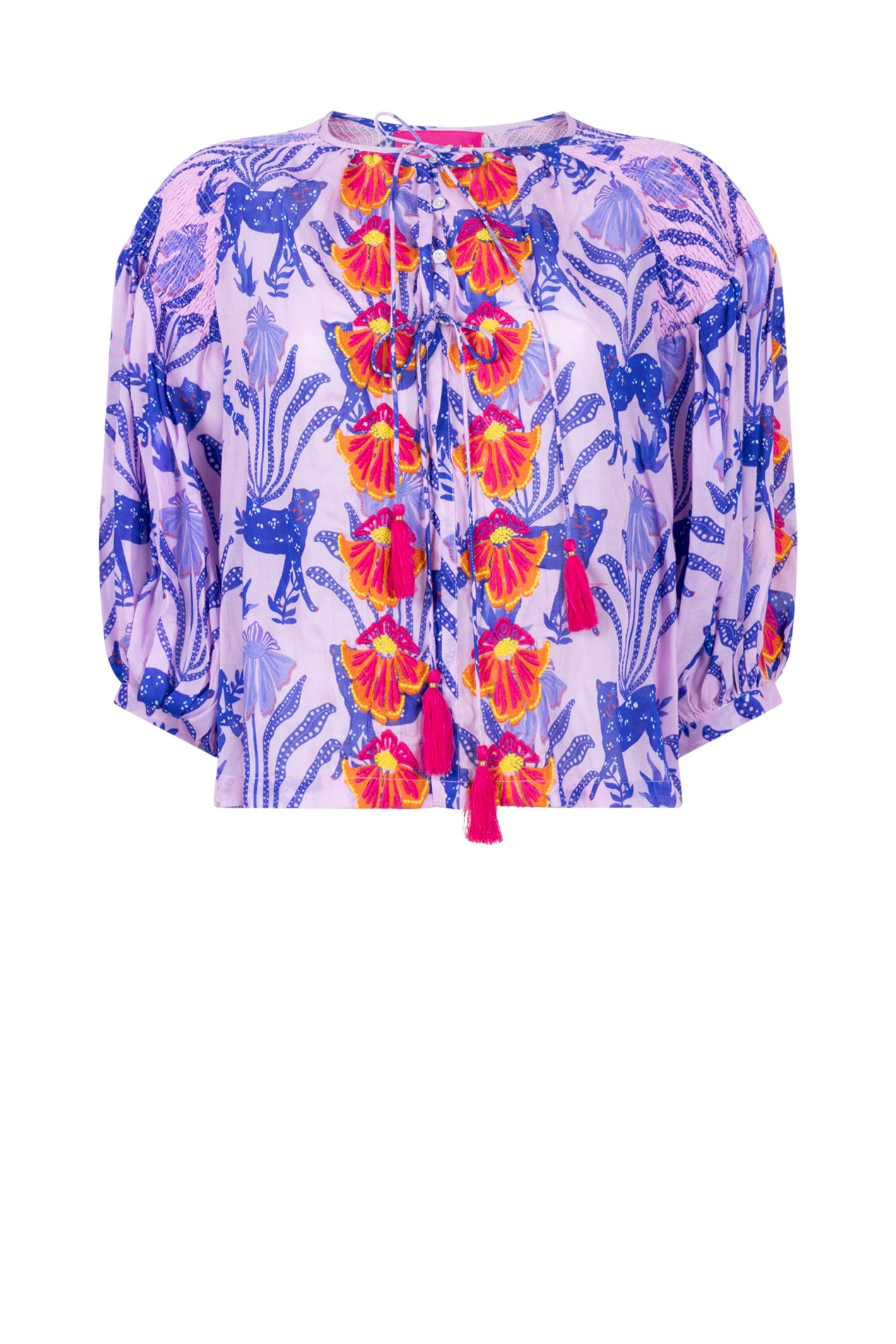 Place Du Soleil Blue Tiger Embroidered Blouse S26-334 by Place du Soleil available to shop at Dotique with vibrant floral details