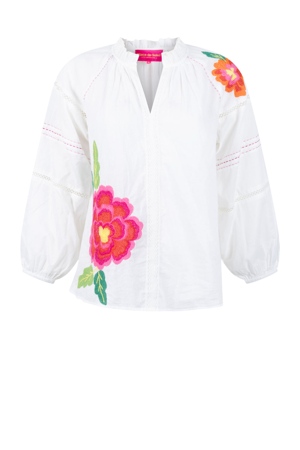 Place Du Soleil White Blouse With Large Embroidered Flower S26-339 by Place du Soleil, shop Place du Soleil at Dotique