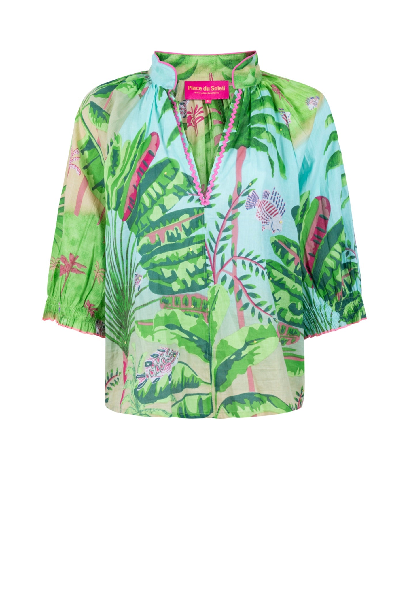 Place Du Soleil Jungle Print Blouse S26-416 by Place du Soleil with vibrant tropical leaves, shop Place du Soleil at Dotique