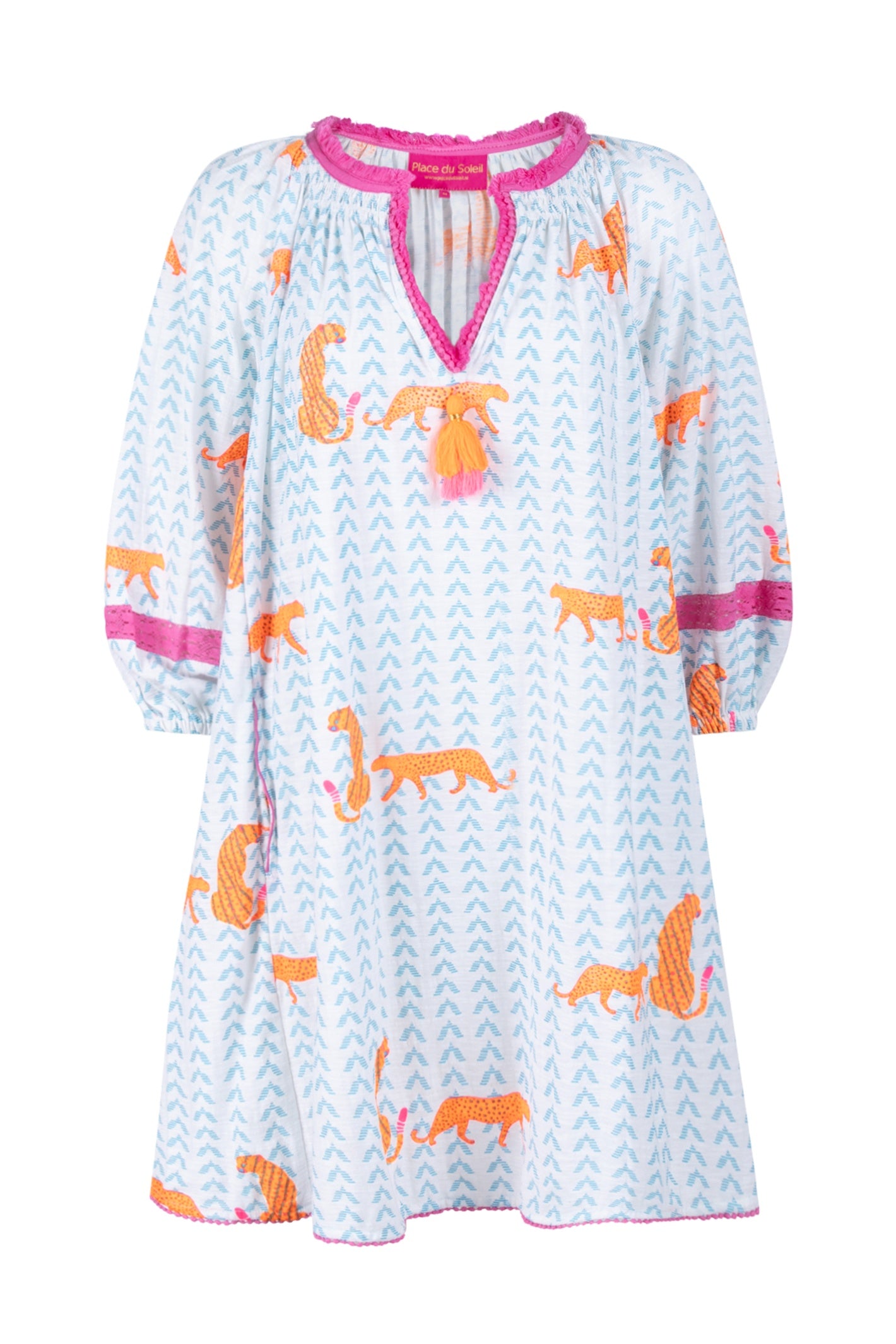 Place Du Soleil Orange Tiger Print Dress S26-418 by Place du Soleil featuring vibrant tiger motifs, shop Place du Soleil at Dotique