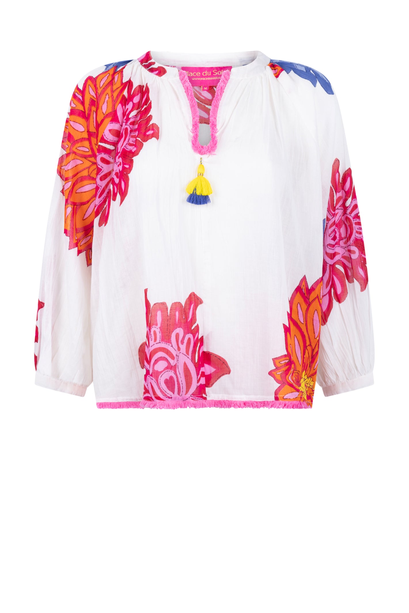 Place Du Soleil White Blouse With Large Flower Print Long Sleeves S26-425 by Place du Soleil, shop Place du Soleil at Dotique