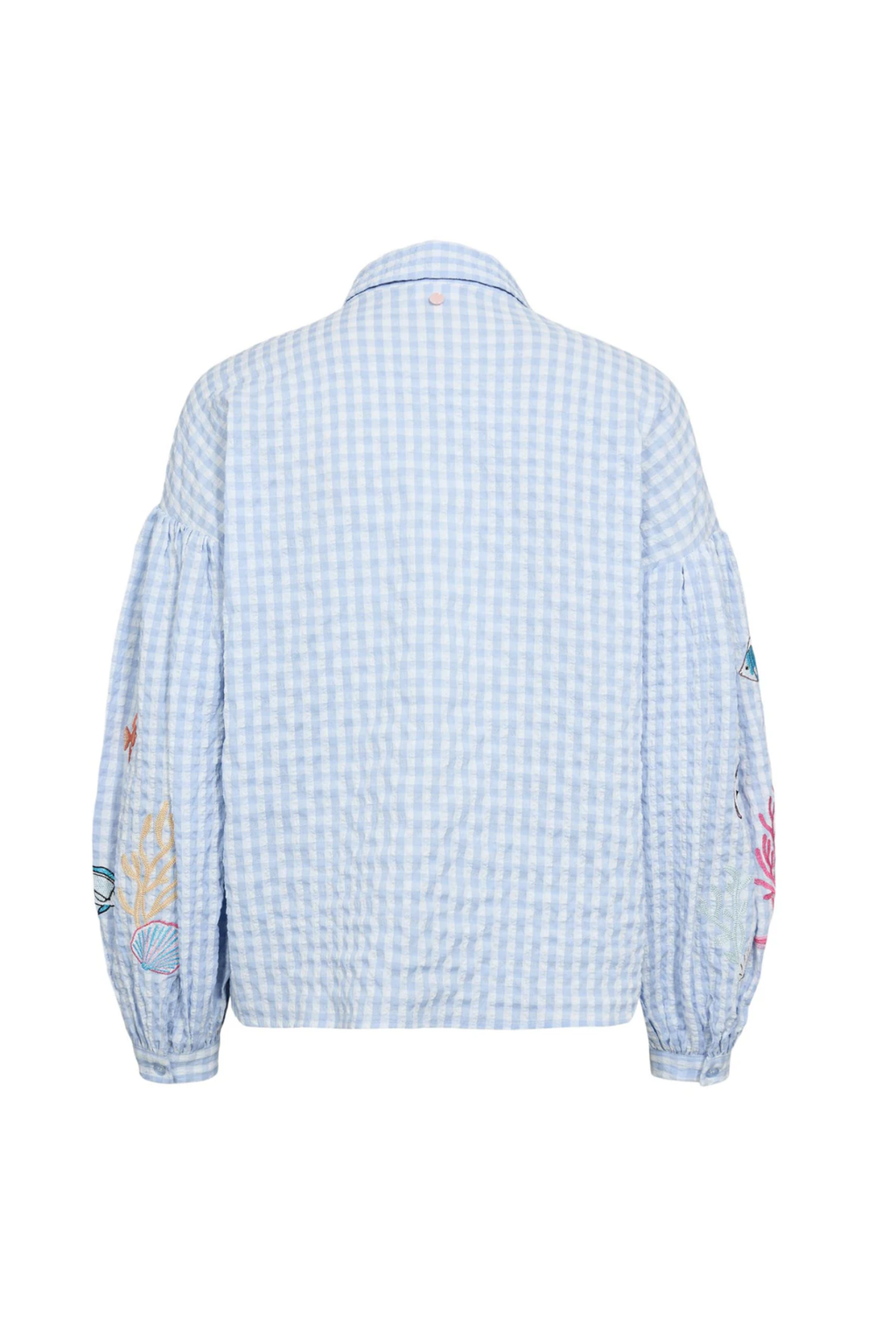 Back view of Numph 706787 Nusurfer Gingham Embroidered Shirt Placid Blue with balloon sleeves and colorful embroidery by Numph. Shop Numph at Dotique.