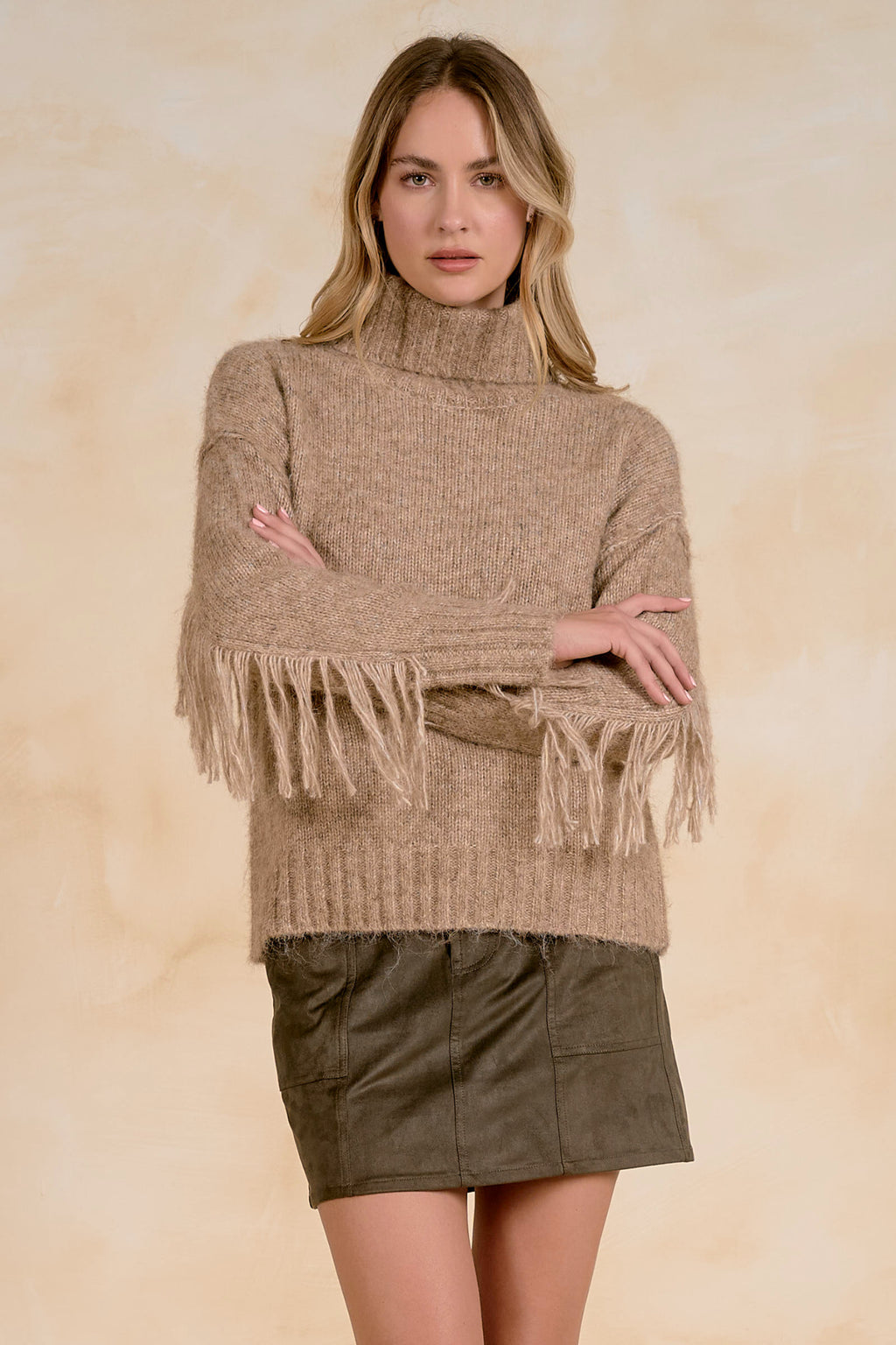 Elan SWF11734 Turtleneck Fringe Sweater Natural Melange
