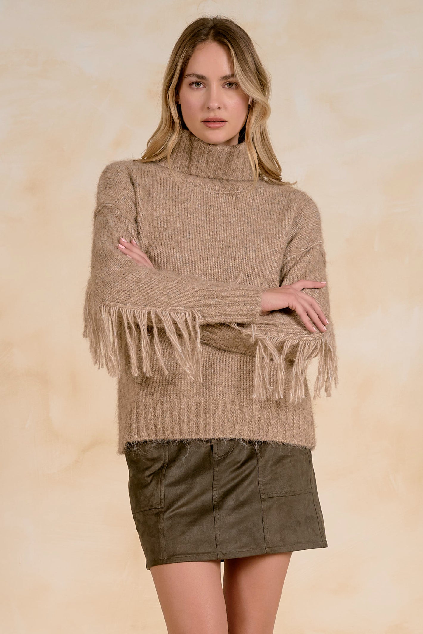 Elan SWF11734 Turtleneck Fringe Sweater Natural Melange