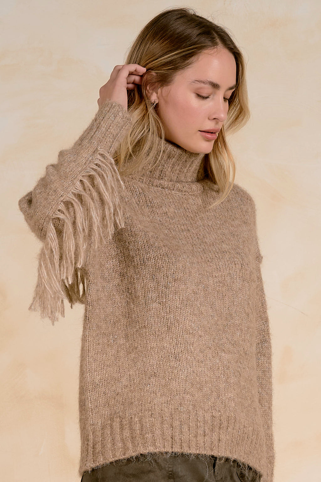 Elan SWF11734 Turtleneck Fringe Sweater Natural Melange