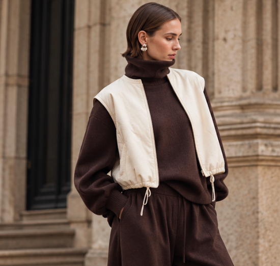 Woman wearing a brown turtleneck and drawstring trousers with a cream quilted vest beside a stone building