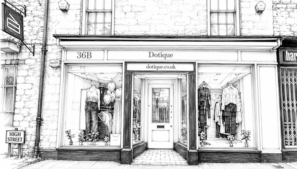 Hand drawn Dotique clothing shopfront on High Street with window displays and central entrance Shop Dotique at Dotique