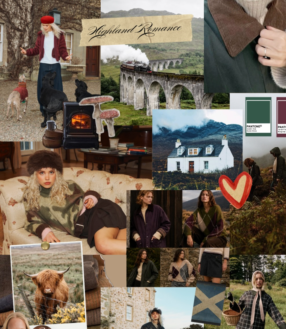 Collage of Scottish Highland landscapes, cottage scenes, fashion outfits, dogs, a cow, and a wood-burning stove